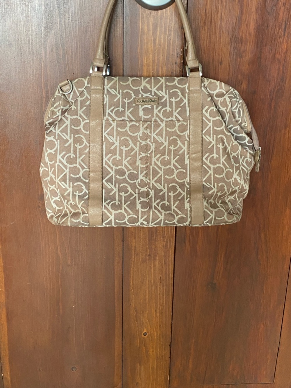 Calvin Klein Beige and Brown Logo Tote large overnight bag